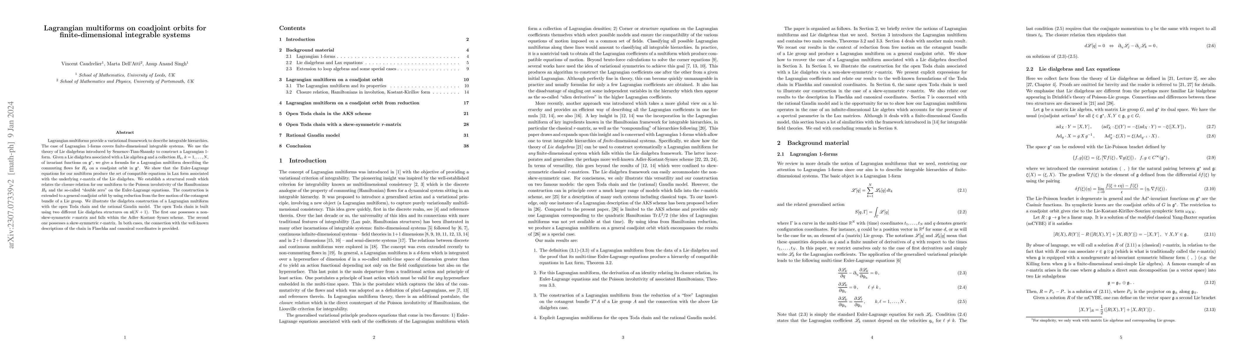 Thumbnail for Lagrangian multiforms on coadjoint orbits for finite-dimensional
  integrable systems