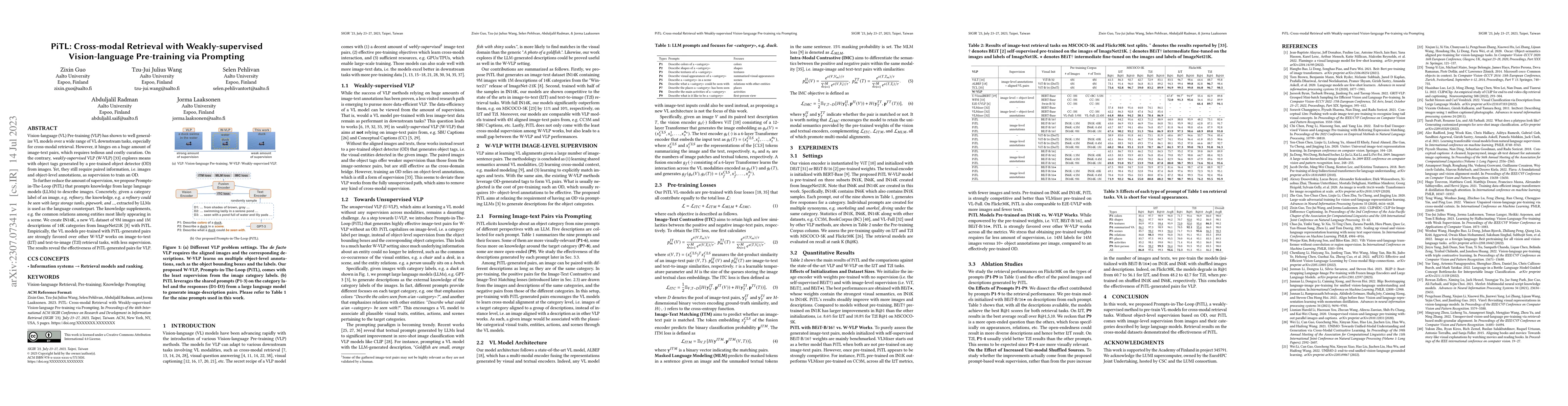 Thumbnail for PiTL: Cross-modal Retrieval with Weakly-supervised Vision-language
  Pre-training via Prompting