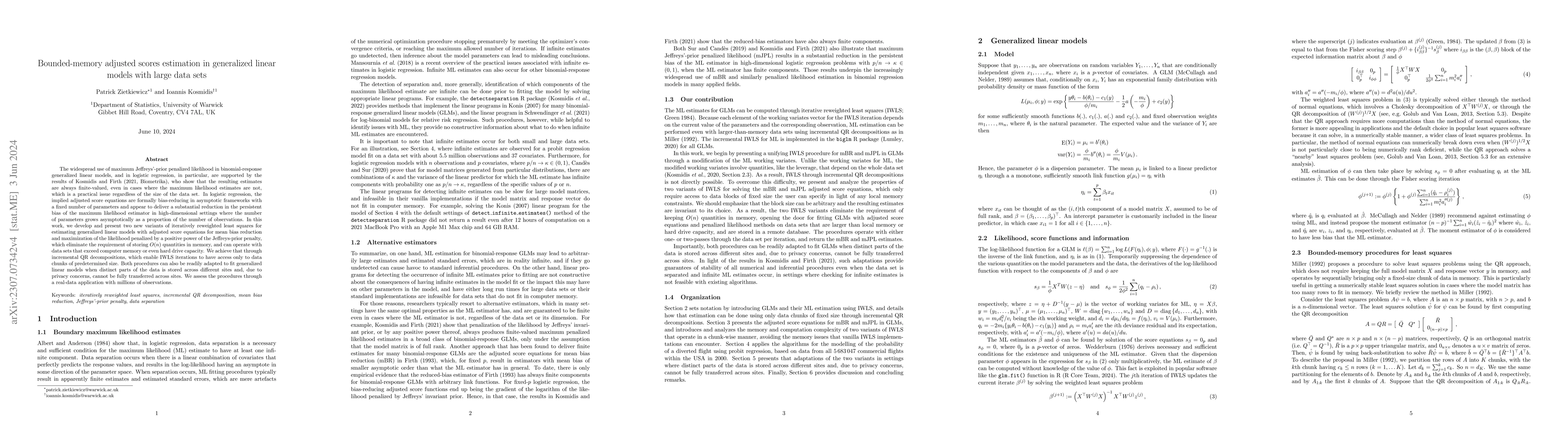 Thumbnail for Bounded-memory adjusted scores estimation in generalized linear models
  with large data sets