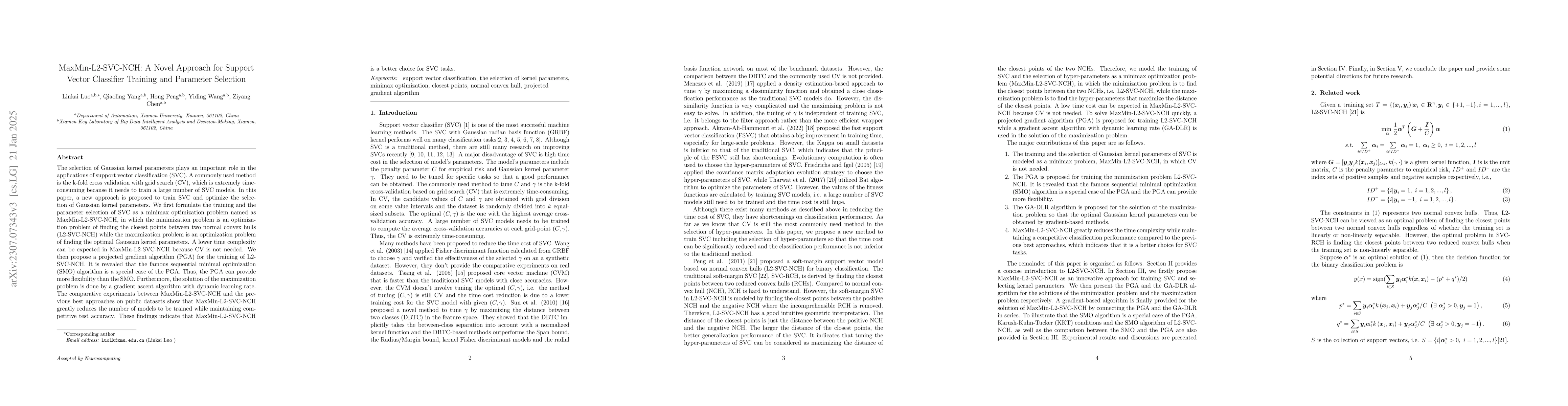Thumbnail for MaxMin-L2-SVC-NCH: A Novel Approach for Support Vector Classifier
  Training and Parameter Selection