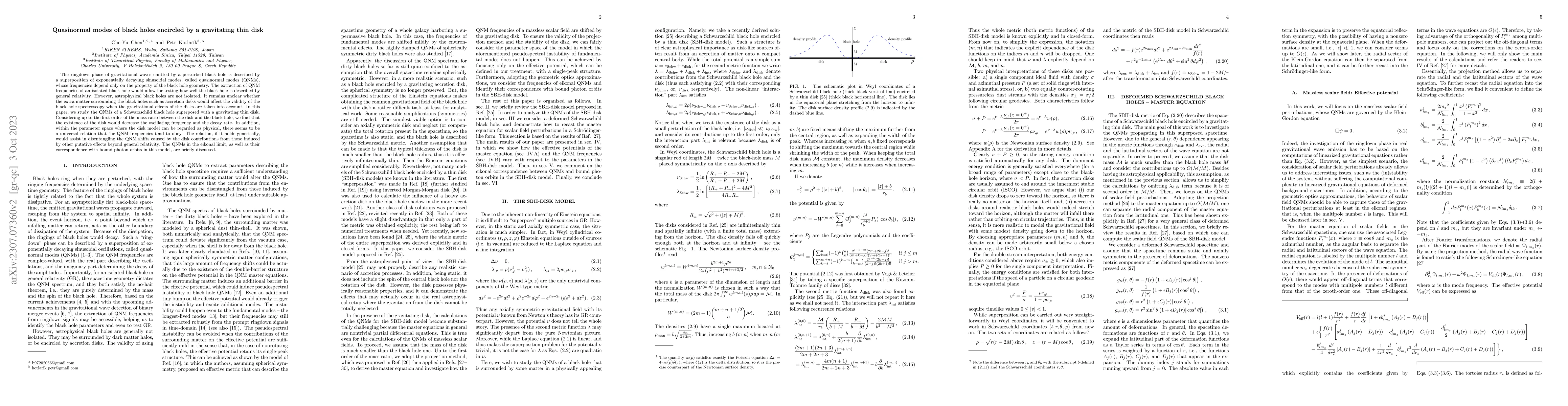 Thumbnail for Quasinormal modes of black holes encircled by a gravitating thin disk