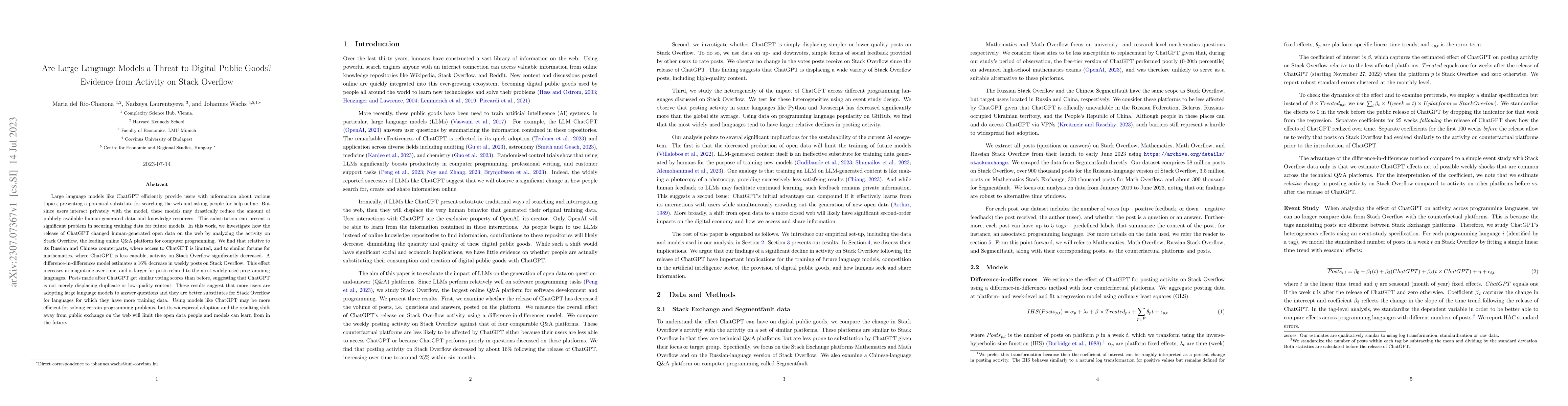 Thumbnail for Are Large Language Models a Threat to Digital Public Goods? Evidence
  from Activity on Stack Overflow