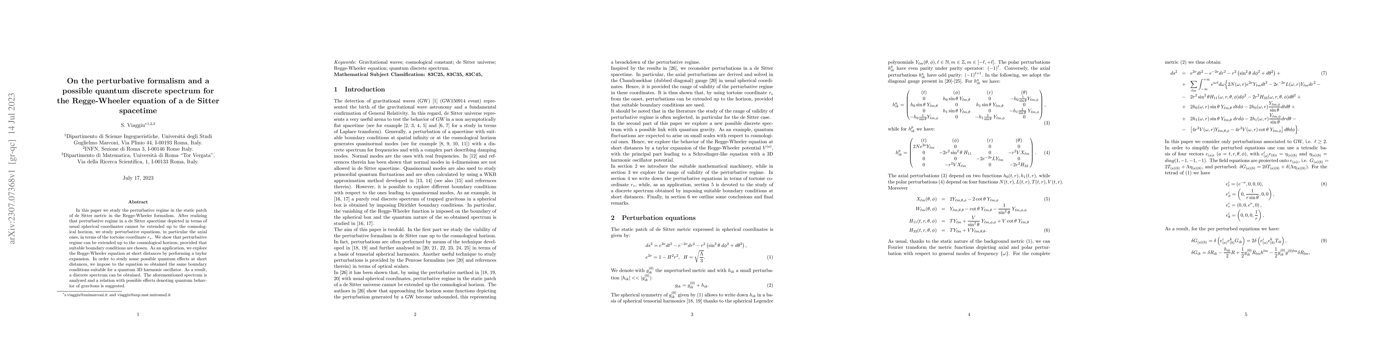 Thumbnail for On the perturbative formalism and a possible quantum discrete spectrum
  for the Regge-Wheeler equation of a de Sitter spacetime