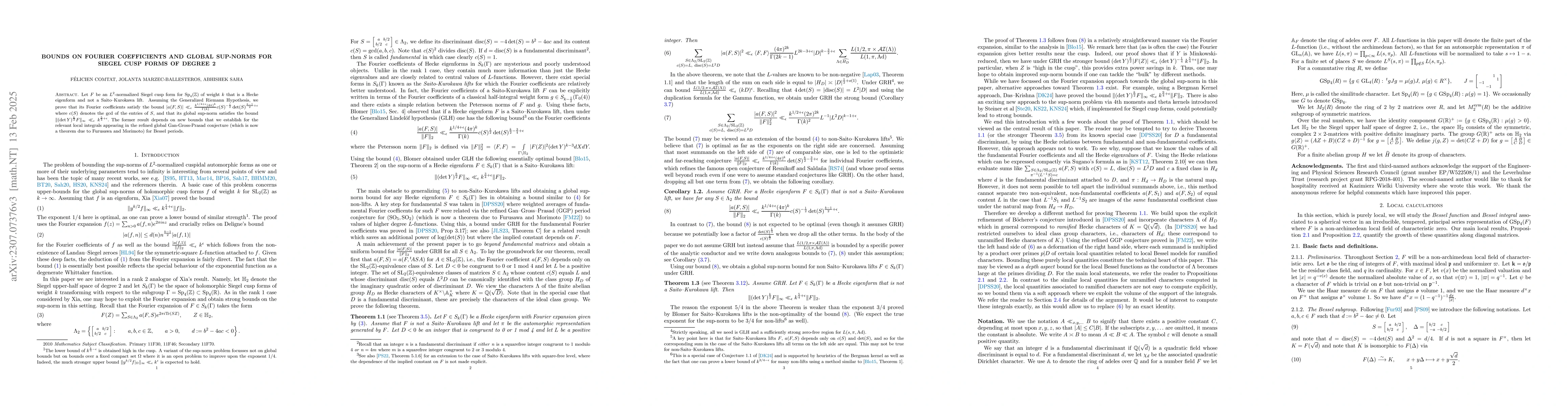Thumbnail for Bounds on Fourier coefficients and global sup-norms for Siegel cusp
  forms of degree 2
