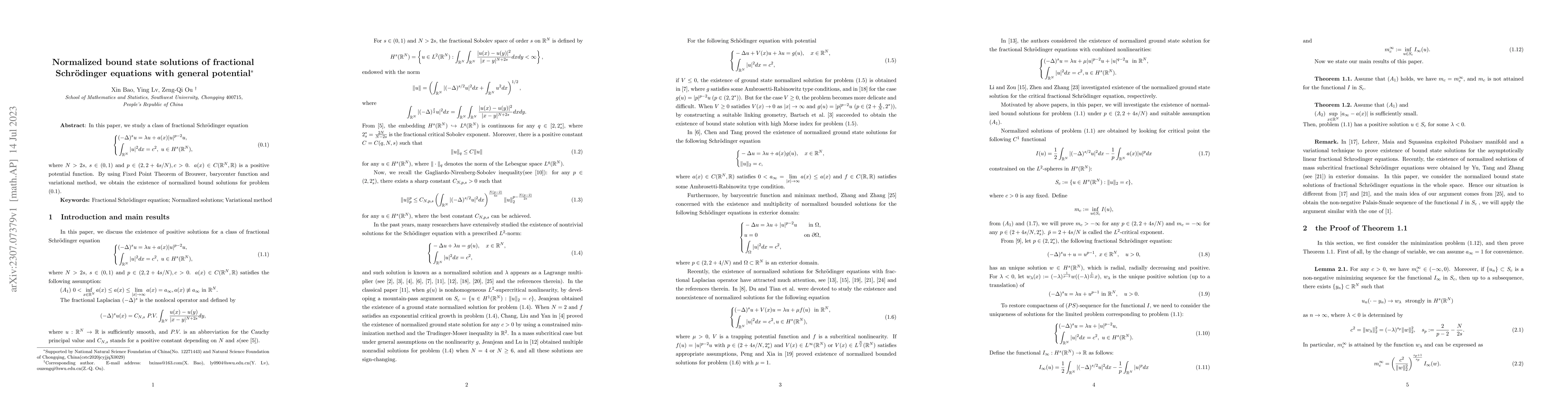 Thumbnail for Normalized bound state solutions of fractional Schr\"{o}dinger equations
  with general potential