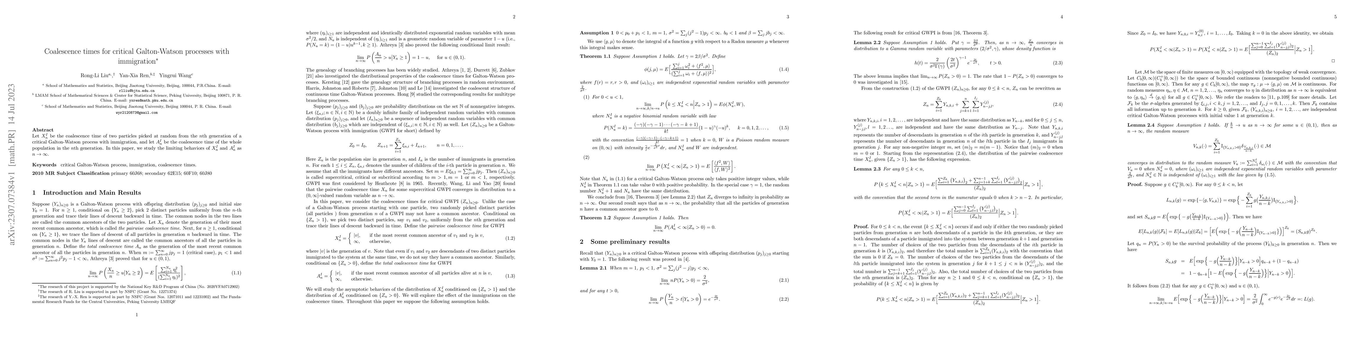 Thumbnail for Coalescence times for critical Galton-Watson processes with immigration