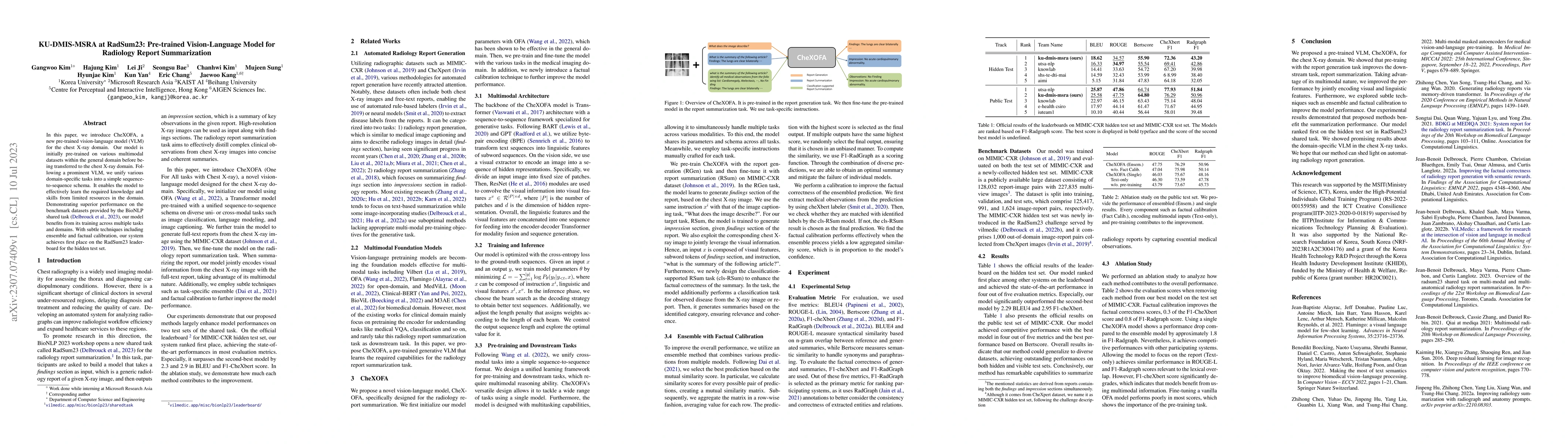 Thumbnail for KU-DMIS-MSRA at RadSum23: Pre-trained Vision-Language Model for
  Radiology Report Summarization