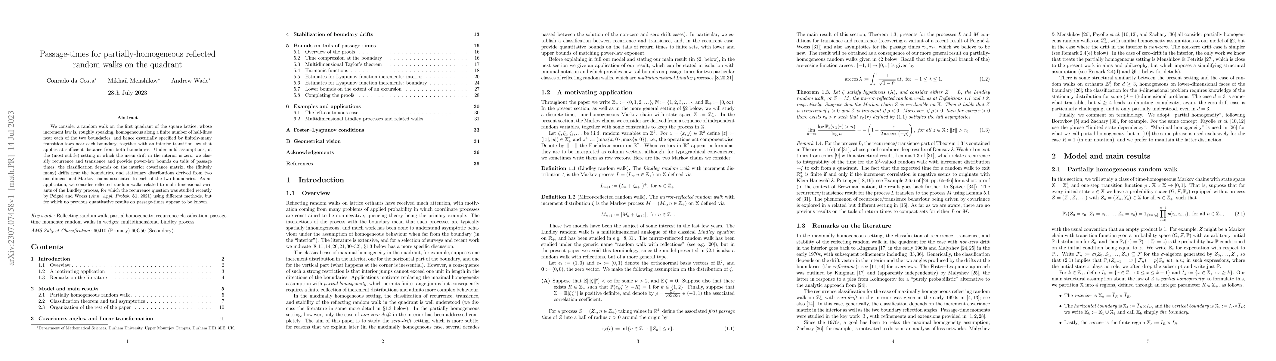 Thumbnail for Passage-times for partially-homogeneous reflected random walks on the
  quadrant