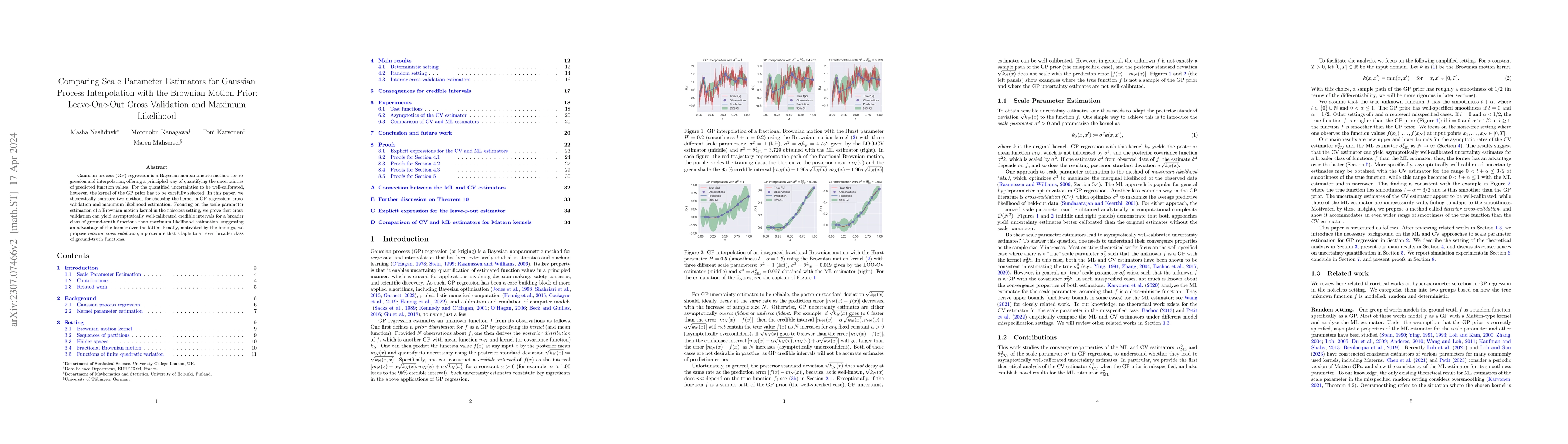 Thumbnail for Comparing Scale Parameter Estimators for Gaussian Process Interpolation
  with the Brownian Motion Prior: Leave-One-Out Cross Validation and Maximum
  Likelihood