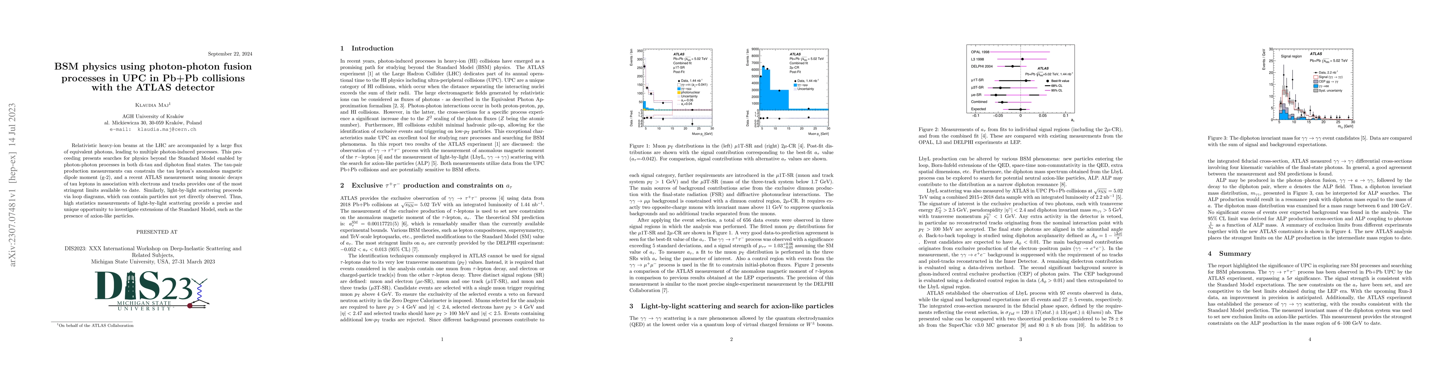 Thumbnail for BSM physics using photon-photon fusion processes in UPC in Pb+Pb
  collisions with the ATLAS detector