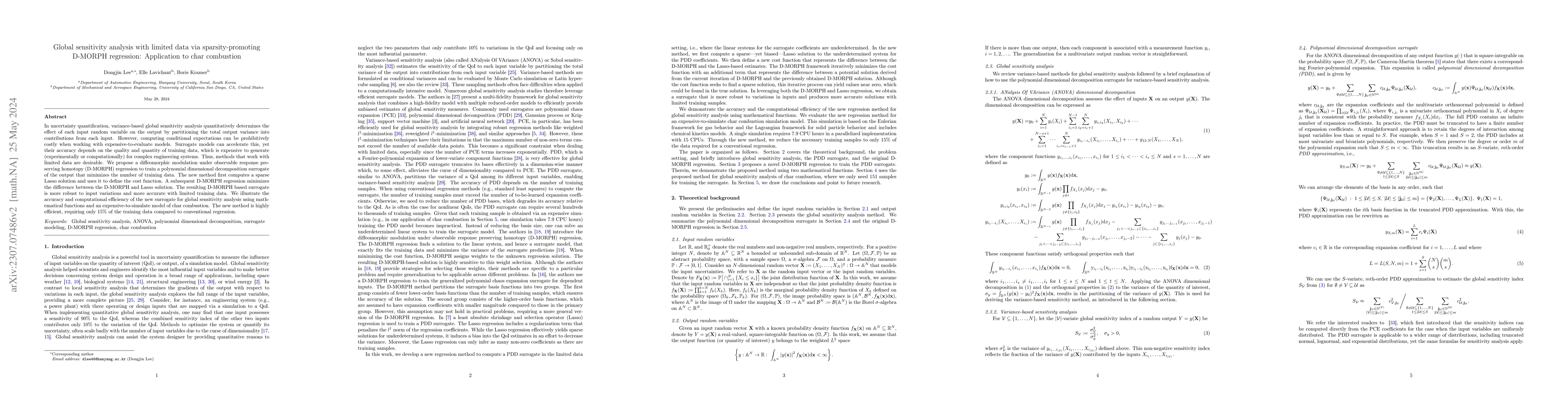 Thumbnail for Global sensitivity analysis with limited data via sparsity-promoting
  D-MORPH regression: Application to char combustion