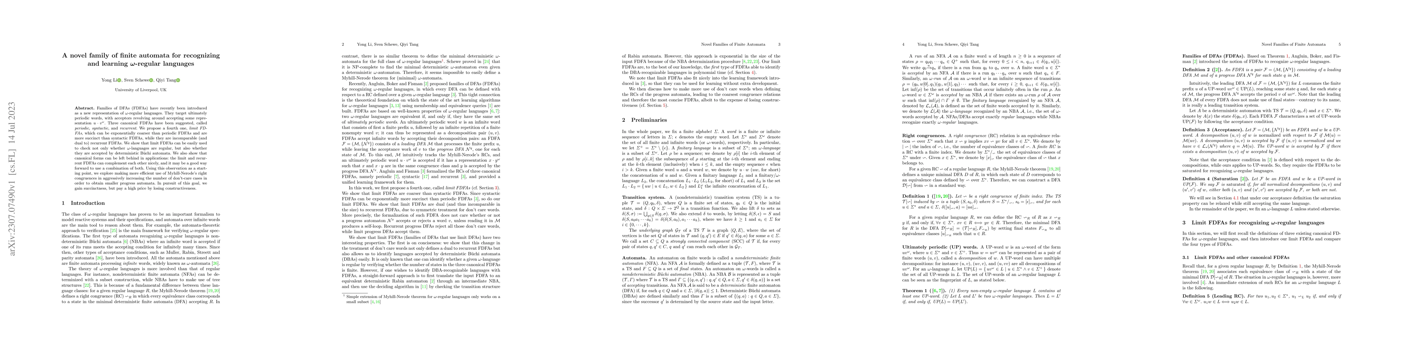 Thumbnail for A novel family of finite automata for recognizing and learning
  $\omega$-regular languages