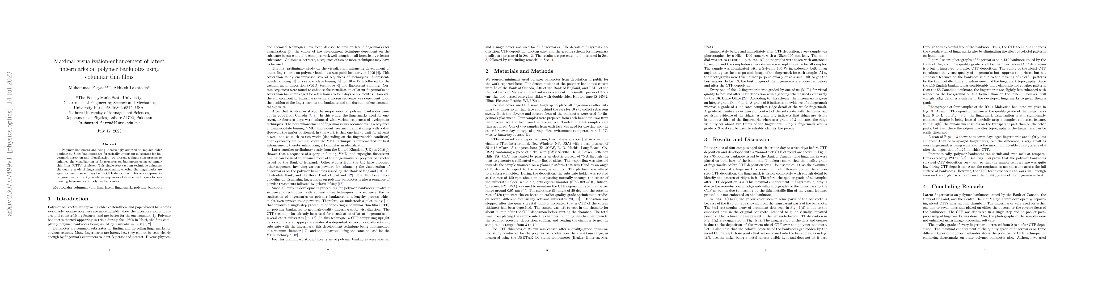 Thumbnail for Maximal visualization-enhancement of latent fingermarks on polymer
  banknotes using columnar thin films
