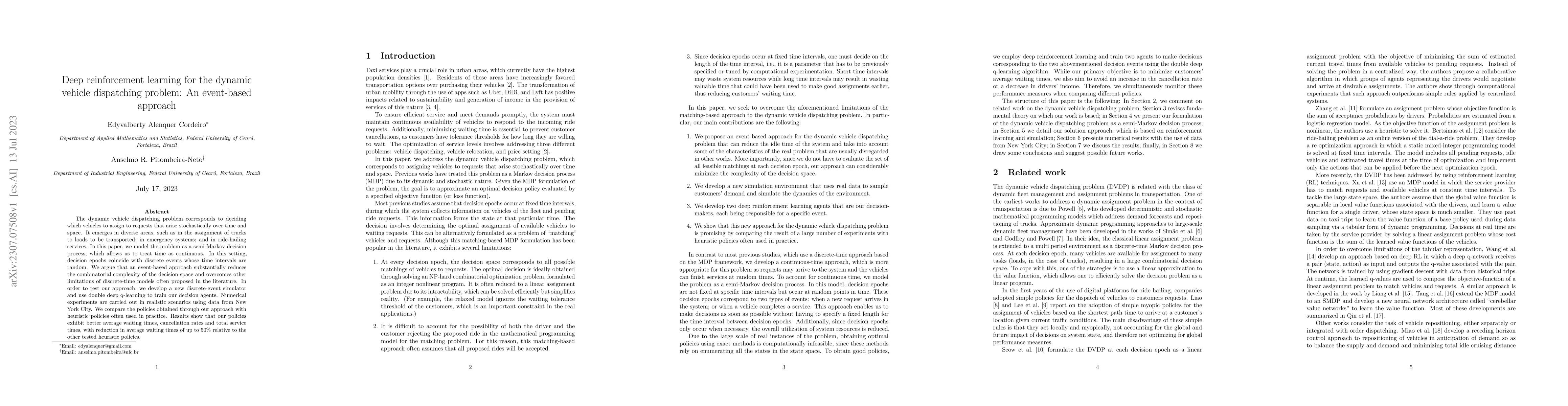 Thumbnail for Deep reinforcement learning for the dynamic vehicle dispatching problem:
  An event-based approach
