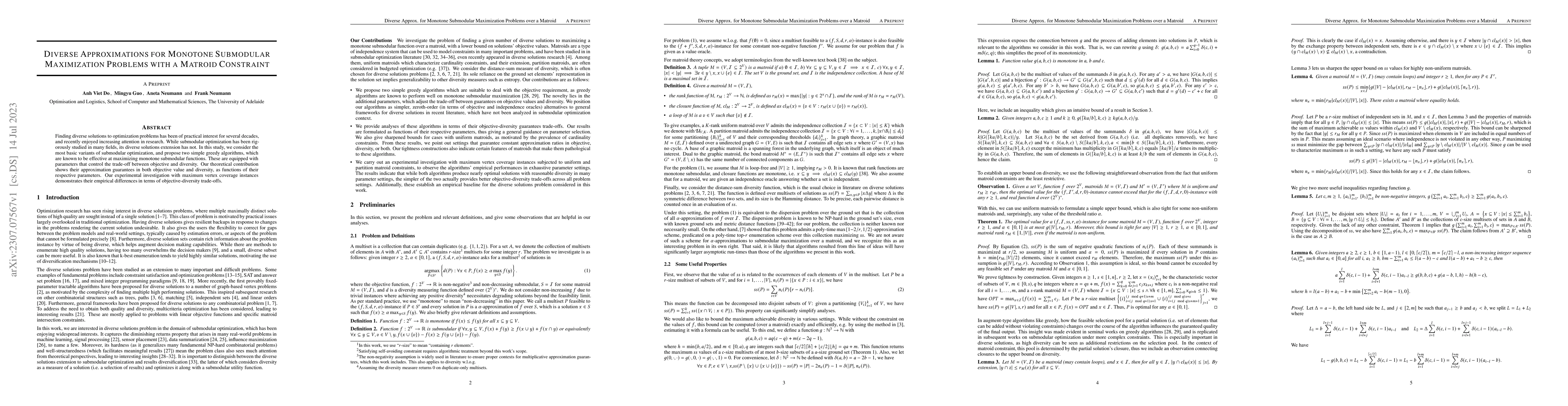 Thumbnail for Diverse Approximations for Monotone Submodular Maximization Problems
  with a Matroid Constraint