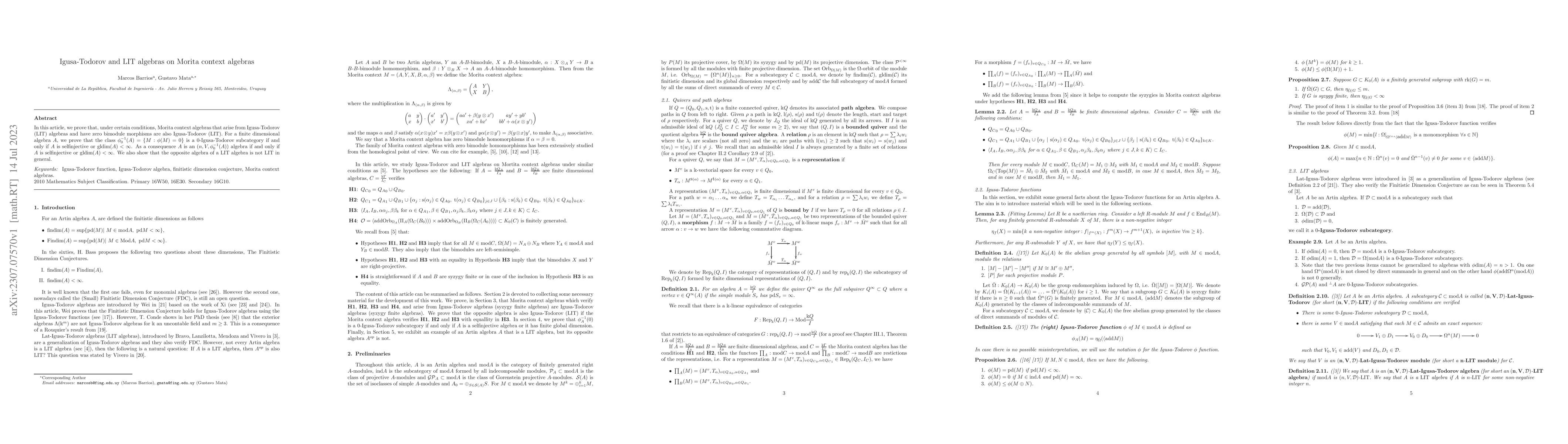 Thumbnail for Igusa-Todorov and LIT algebras on Morita context algebras