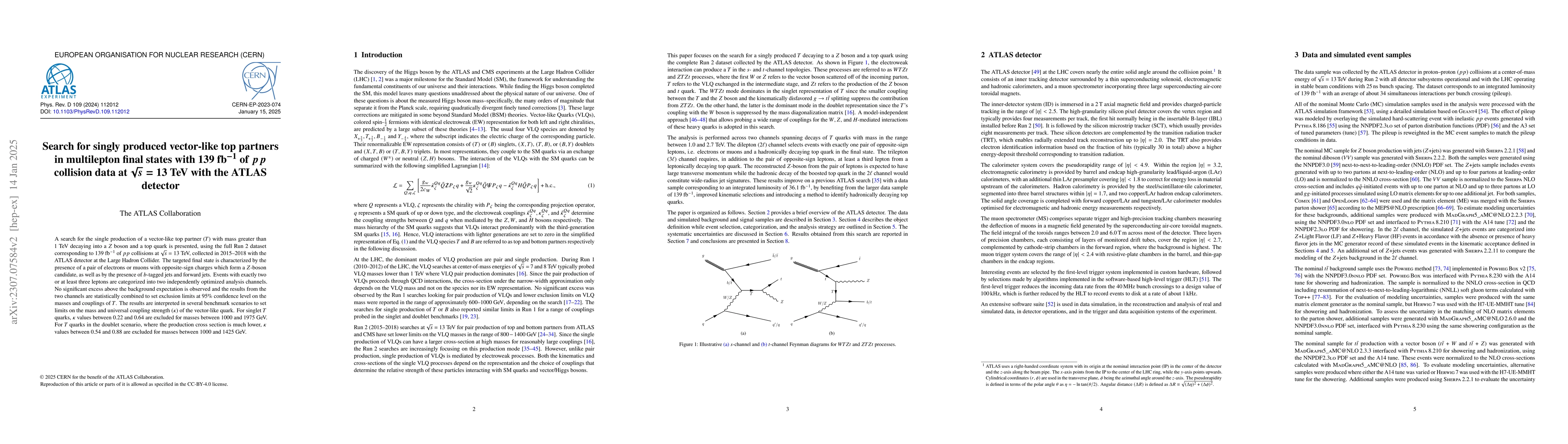 Thumbnail for Search for singly produced vector-like top partners in multilepton final
  states with 139 $\mathrm{fb}^{-1}$ of $pp$ collision data at $\sqrt{s} = 13$
  TeV with the ATLAS detector