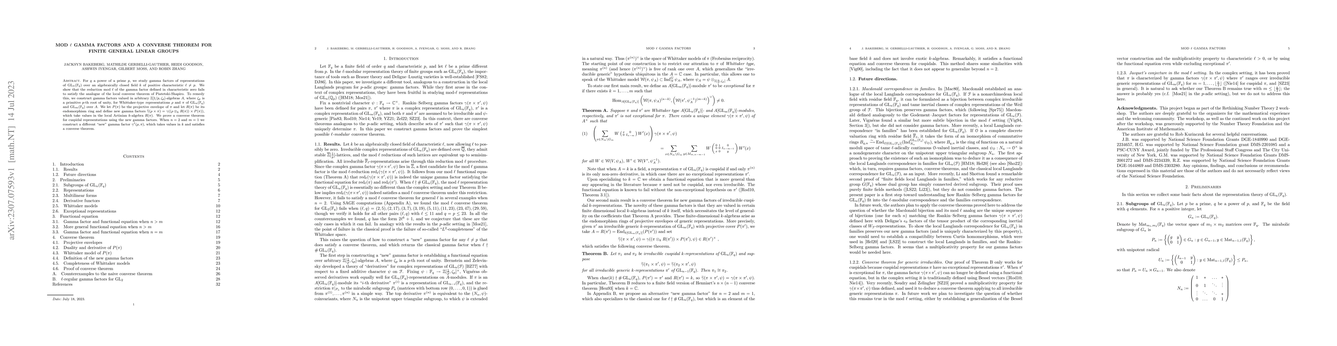 Thumbnail for Mod $\ell$ gamma factors and a converse theorem for finite general
  linear groups