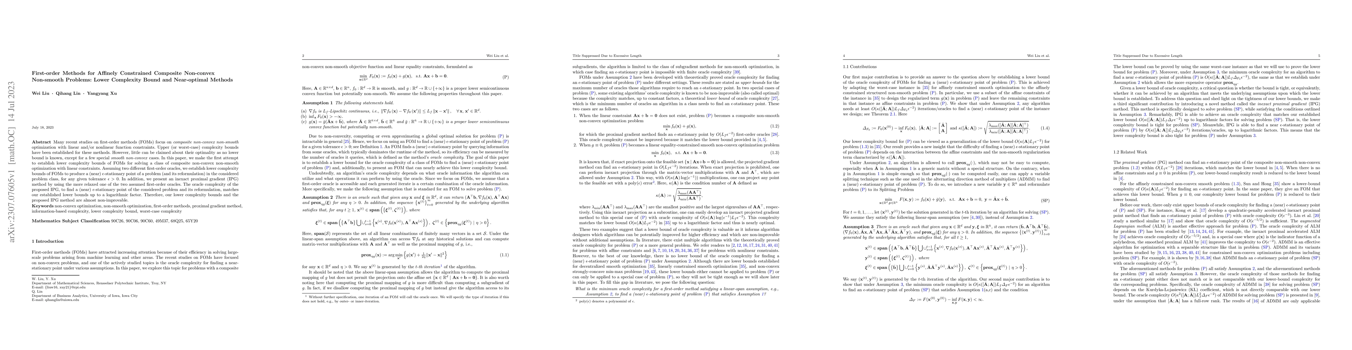Thumbnail for First-order Methods for Affinely Constrained Composite Non-convex
  Non-smooth Problems: Lower Complexity Bound and Near-optimal Methods