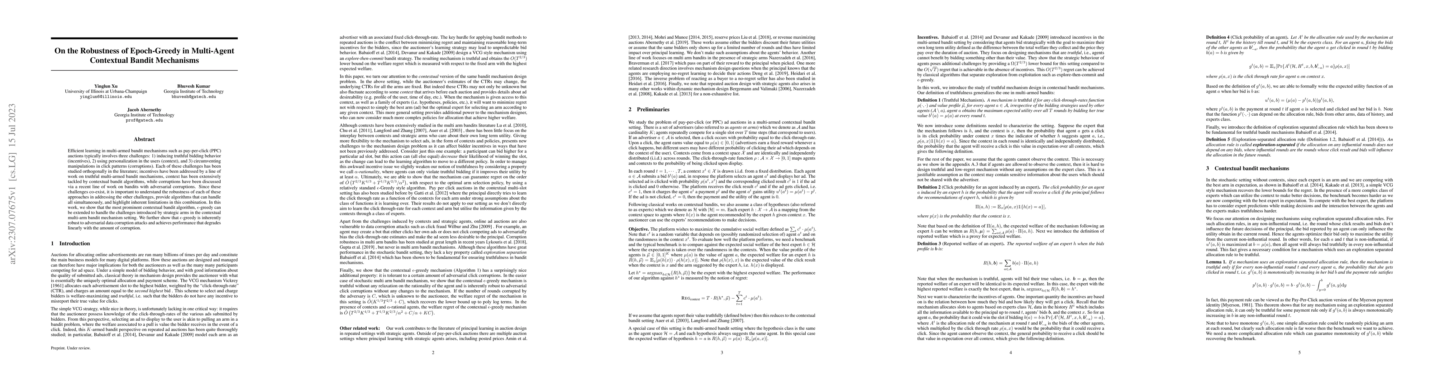 Thumbnail for On the Robustness of Epoch-Greedy in Multi-Agent Contextual Bandit
  Mechanisms