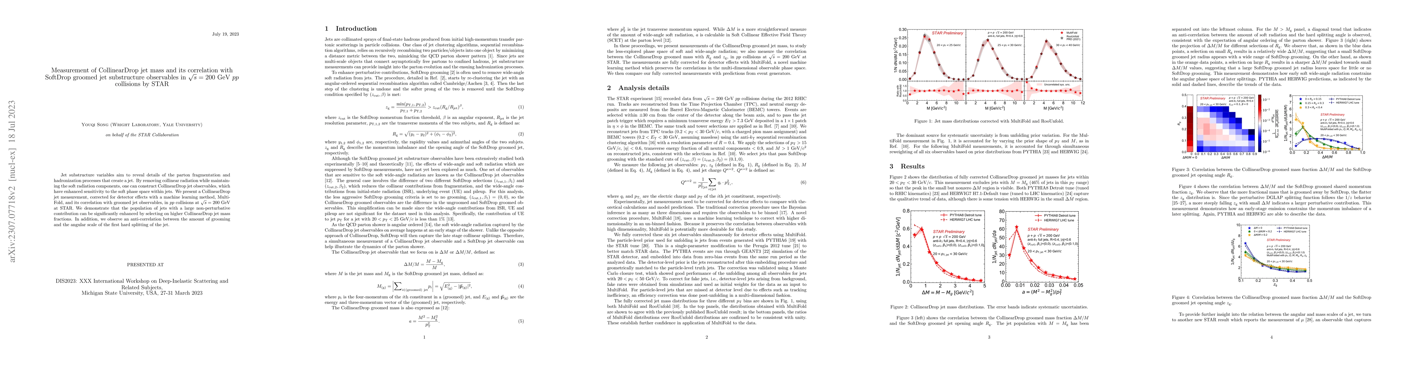 Thumbnail for Measurement of CollinearDrop jet mass and its correlation with SoftDrop
  groomed jet substructure observables in $\sqrt{s}=200$ GeV $pp$ collisions by
  STAR