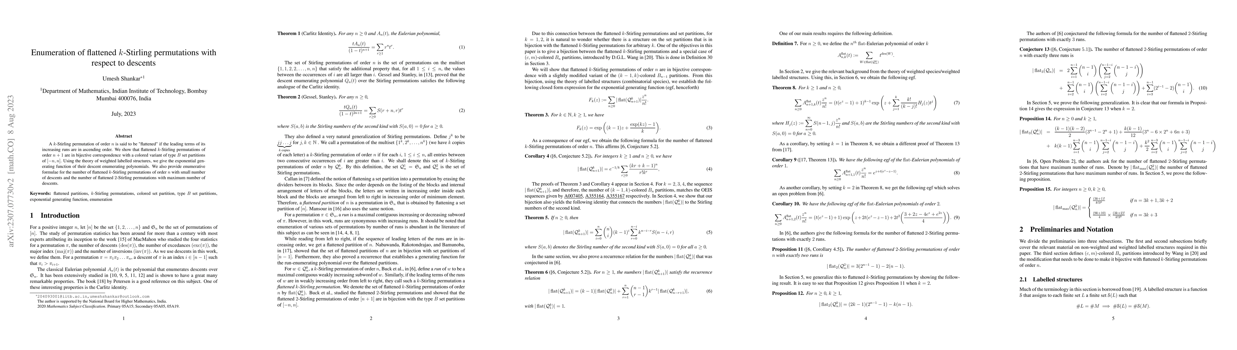 Thumbnail for Enumeration of flattened $k$-Stirling permutations with respect to
  descents