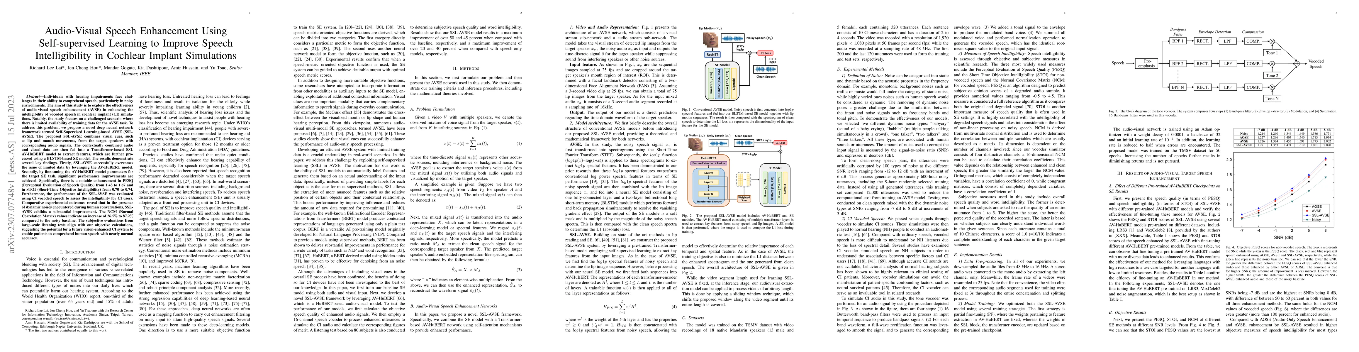 Thumbnail for Audio-Visual Speech Enhancement Using Self-supervised Learning to
  Improve Speech Intelligibility in Cochlear Implant Simulations
