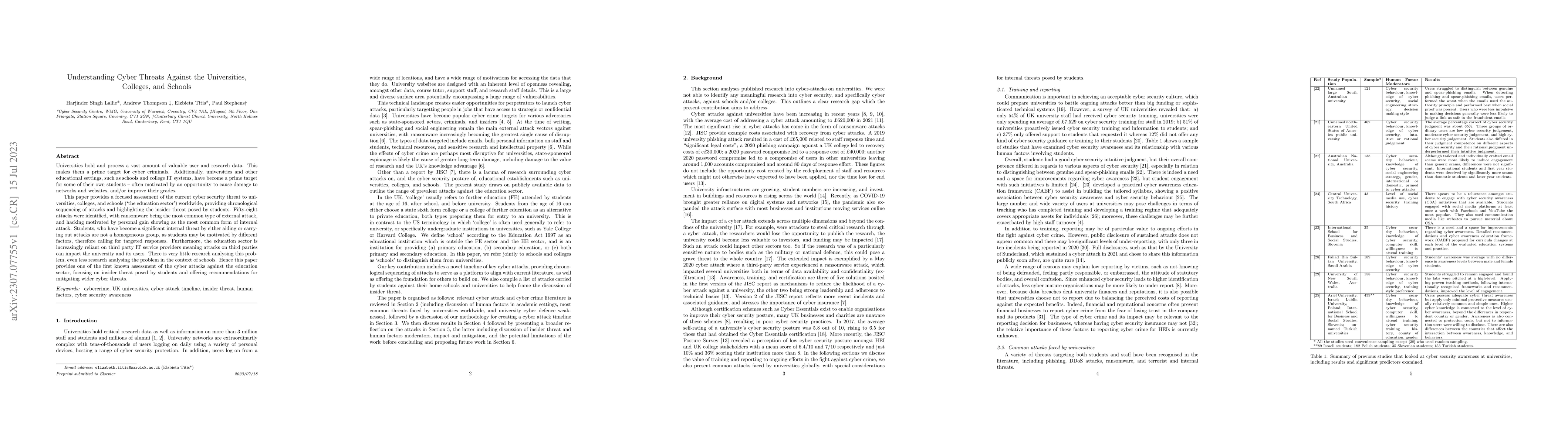 Thumbnail for Understanding Cyber Threats Against the Universities, Colleges, and
  Schools