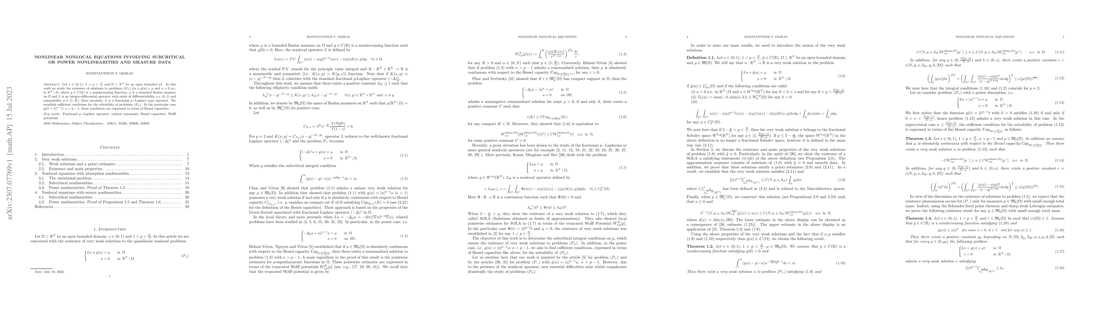 Thumbnail for Nonlinear nonlocal equations involving subcritical or power
  nonlinearities and measure data