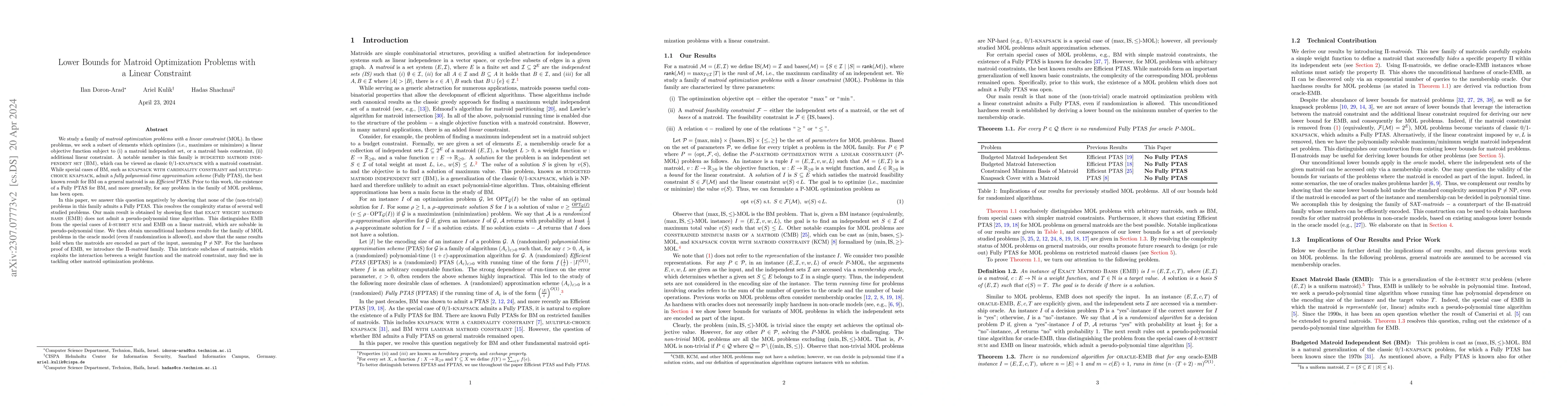 Thumbnail for Lower Bounds for Matroid Optimization Problems with a Linear Constraint