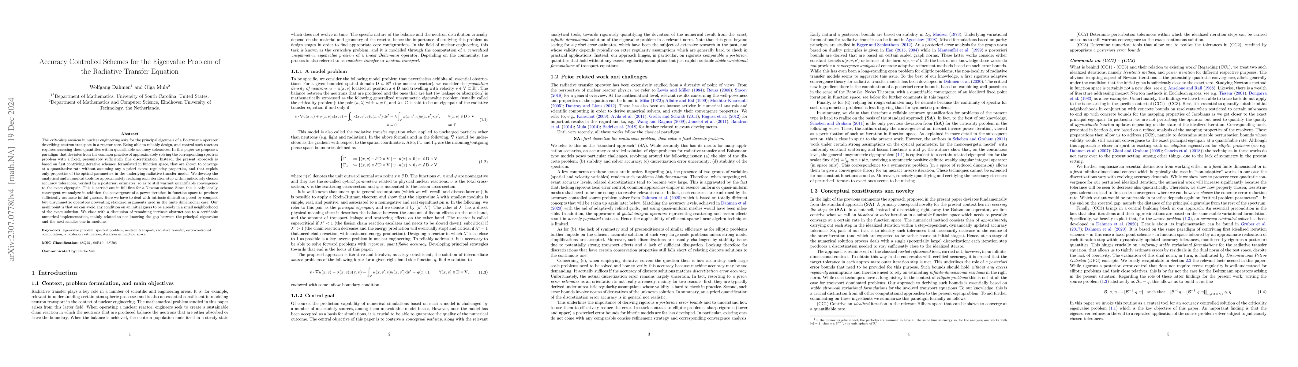Thumbnail for Accuracy Controlled Schemes for the Eigenvalue Problem of the Radiative
  Transfer Equation