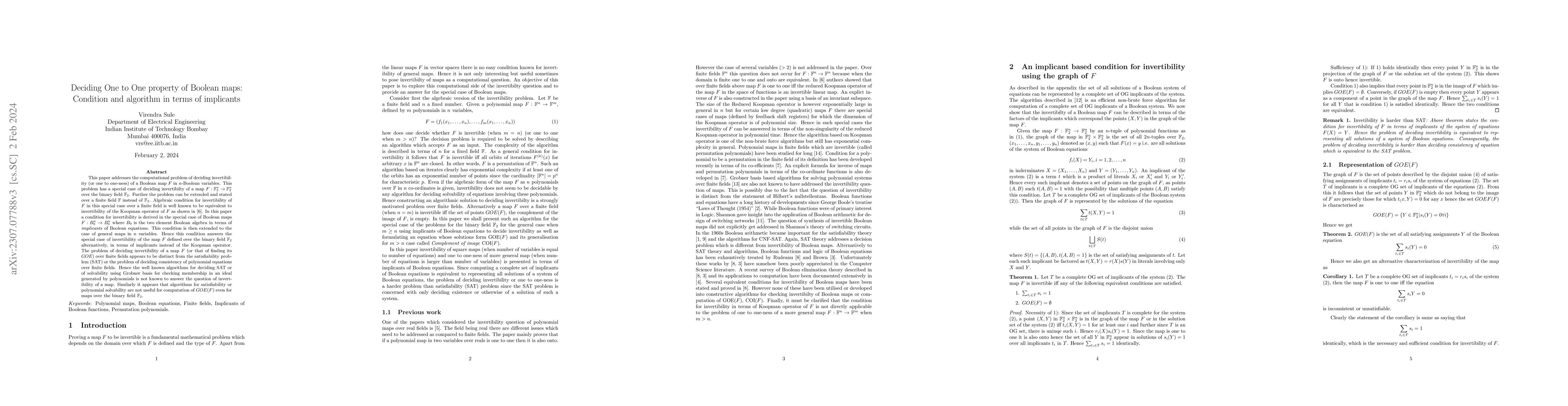Thumbnail for Deciding One to One property of Boolean maps: Condition and algorithm in
  terms of implicants