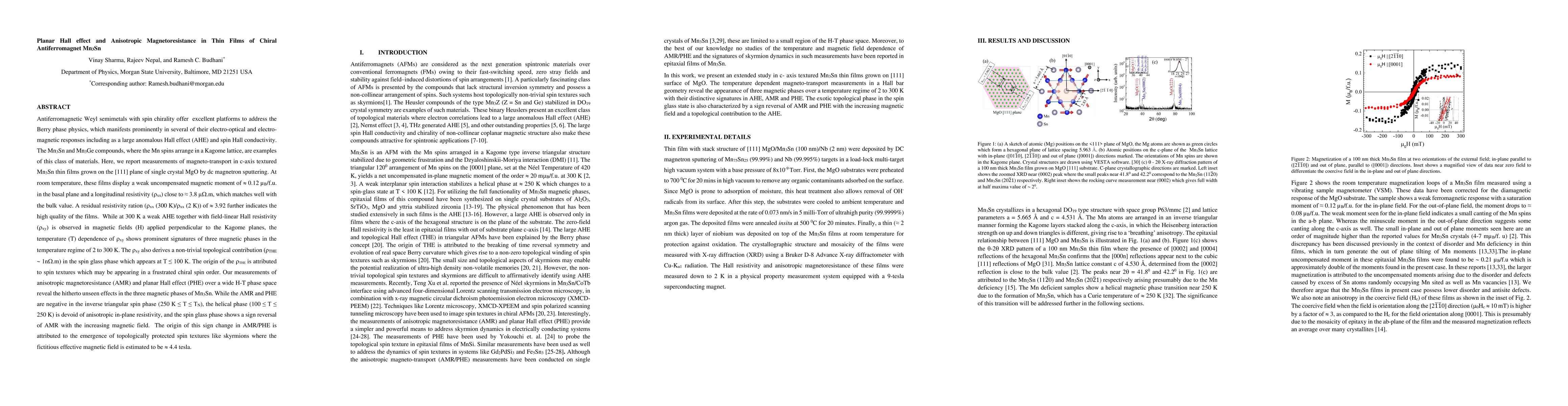 Thumbnail for Planar Hall effect and Anisotropic Magnetoresistance in Thin Films of
  Chiral Antiferromagnet Mn3Sn