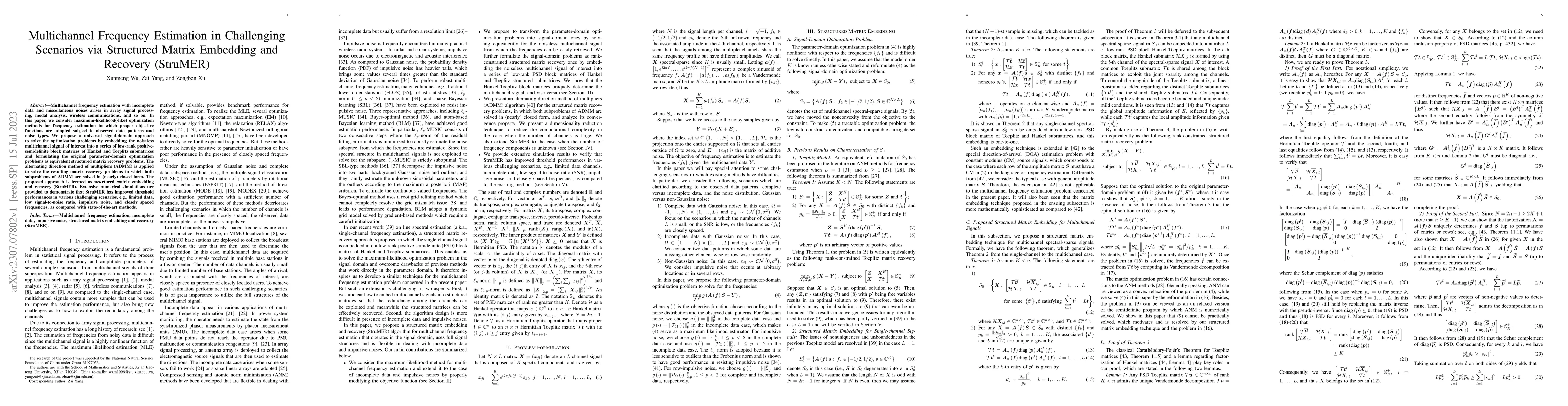 Thumbnail for Multichannel Frequency Estimation in Challenging Scenarios via
  Structured Matrix Embedding and Recovery (StruMER)