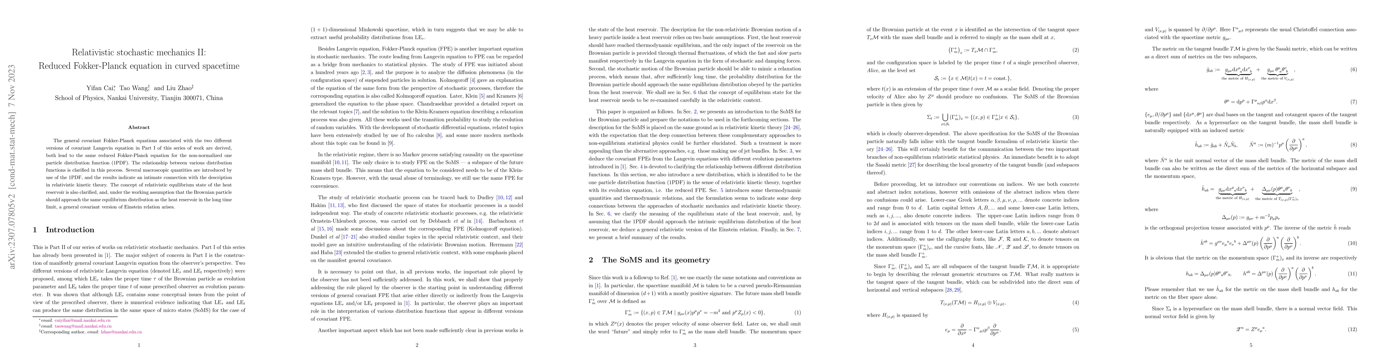 Thumbnail for Relativistic stochastic mechanics II: Reduced Fokker-Planck equation in
  curved spacetime