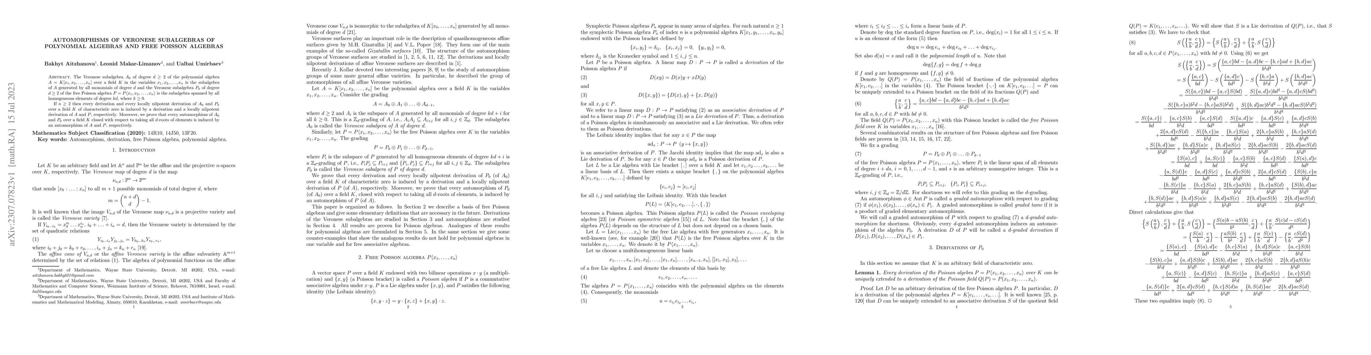 Thumbnail for Automorphisms of Veronese subalgebras of polynomial algebras and free
  Poisson algebras