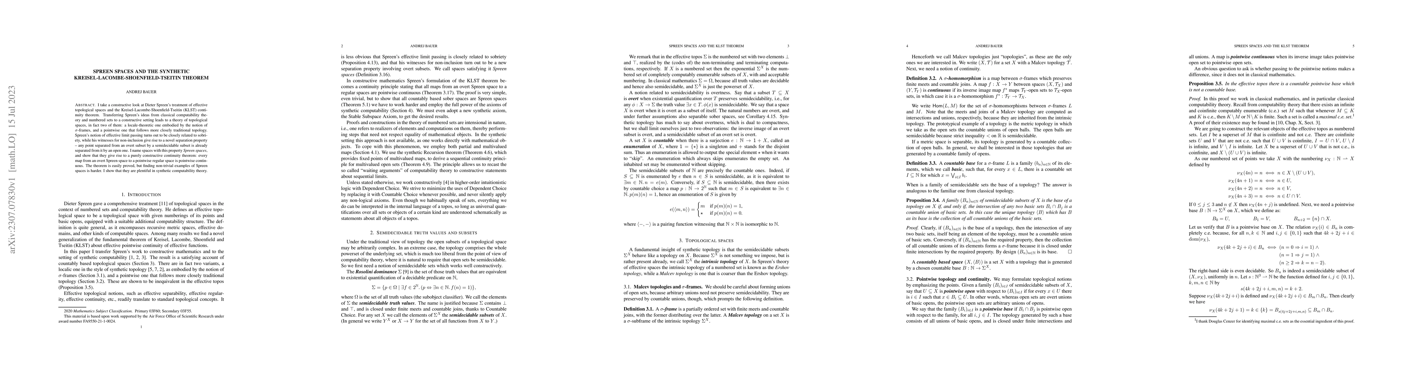 Thumbnail for Spreen spaces and the synthetic Kreisel-Lacombe-Shoenfield-Tseitin
  theorem