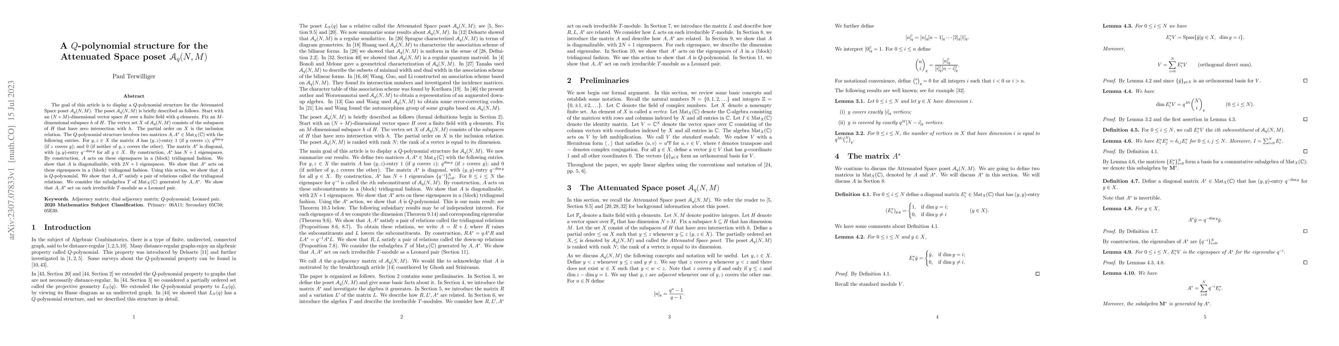 Thumbnail for A $Q$-polynomial structure for the Attenuated Space poset $\mathcal
  A_q(N,M)$