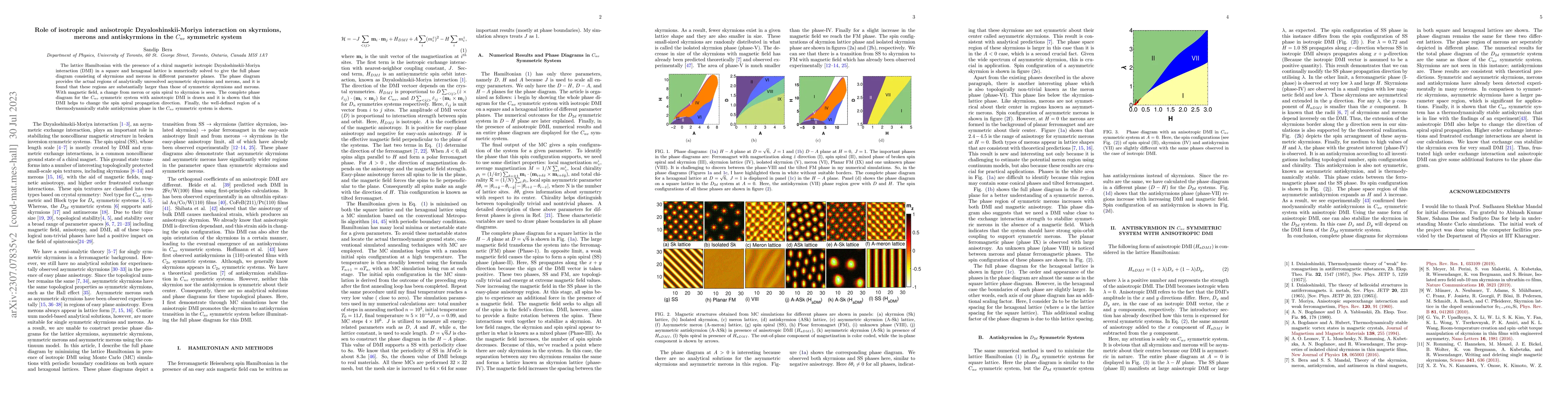 Thumbnail for Role of isotropic and anisotropic Dzyaloshinskii-Moriya interaction on
  skyrmions, merons and antiskyrmions in the $C_{nv}$ symmetric system