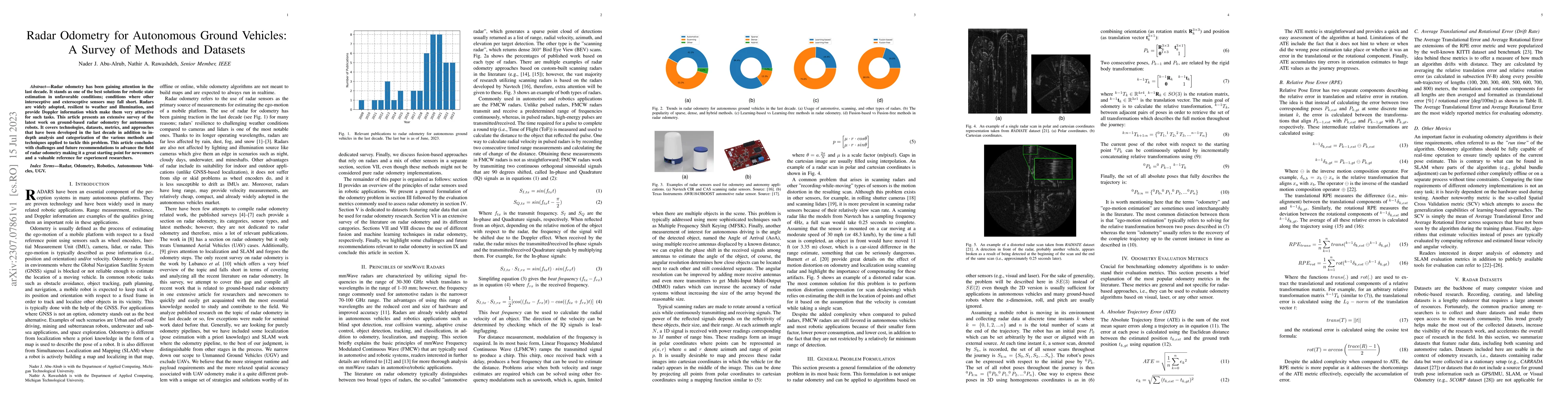 Thumbnail for Radar Odometry for Autonomous Ground Vehicles: A Survey of Methods and
  Datasets