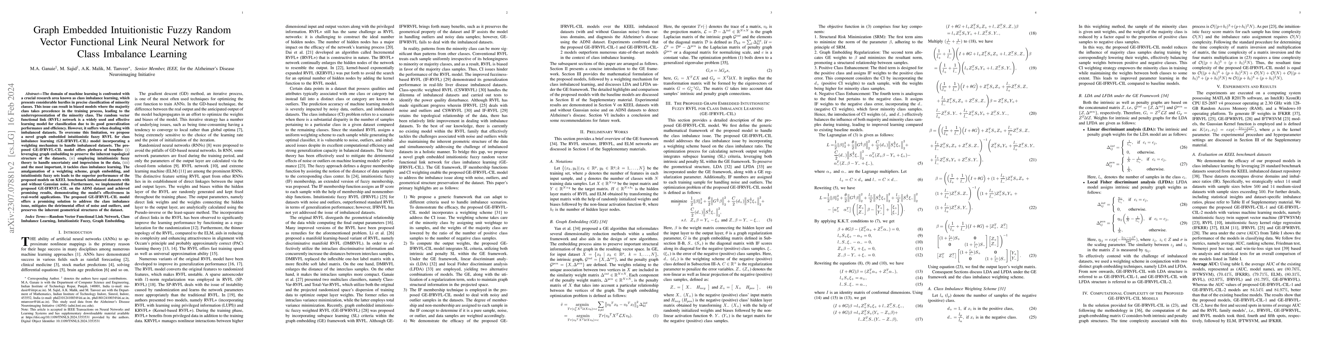 Thumbnail for Graph Embedded Intuitionistic Fuzzy Random Vector Functional Link Neural
  Network for Class Imbalance Learning