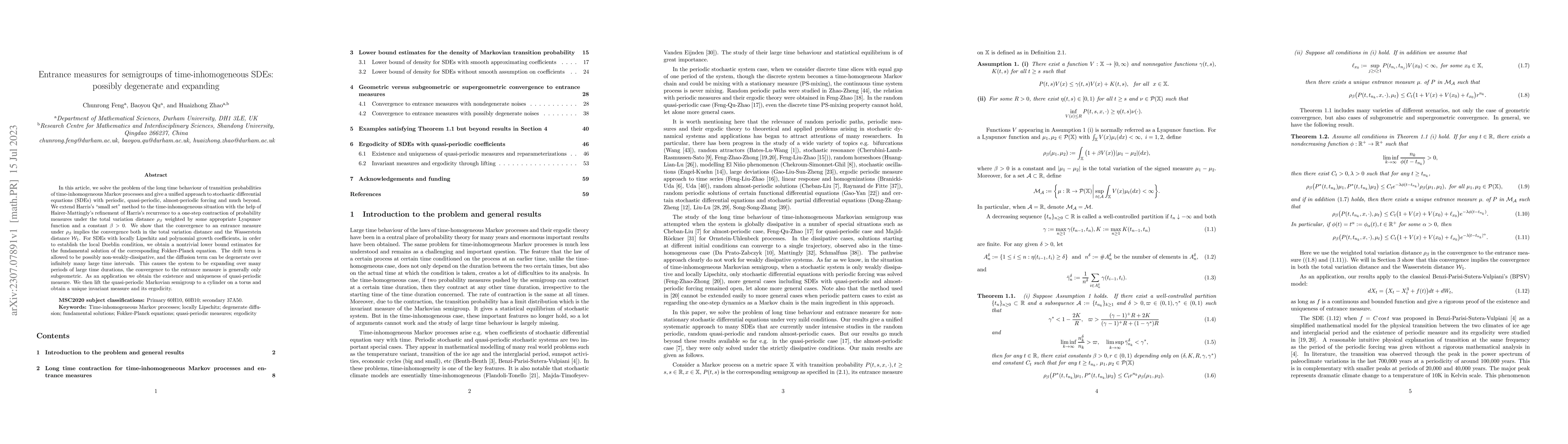 Thumbnail for Entrance measures for semigroups of time-inhomogeneous SDEs: possibly
  degenerate and expanding