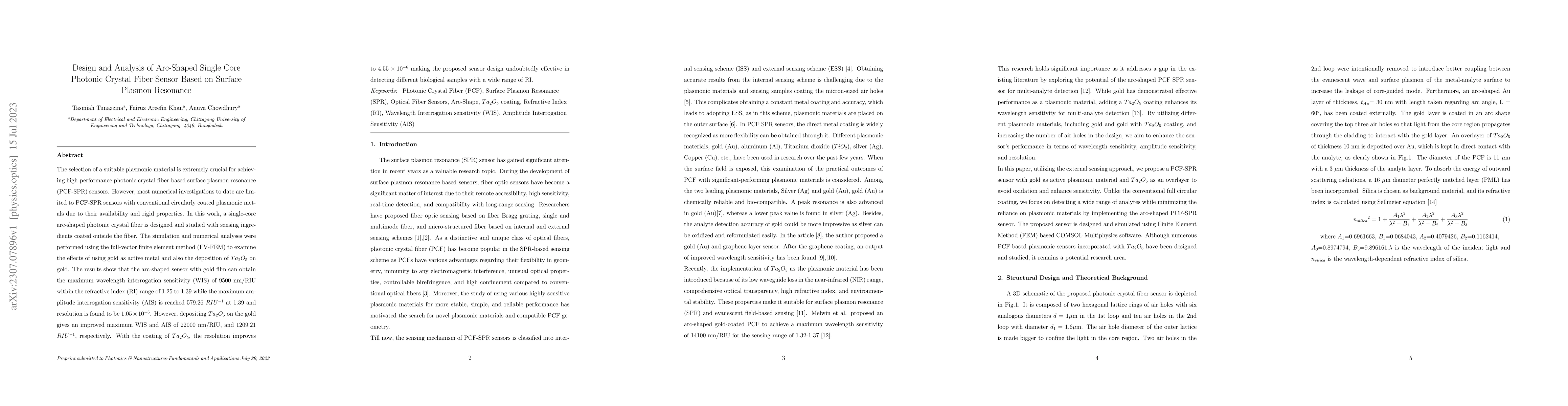 Thumbnail for Design and Analysis of Arc-Shaped Single Core Photonic Crystal Fiber
  Sensor Based on Surface Plasmon Resonance