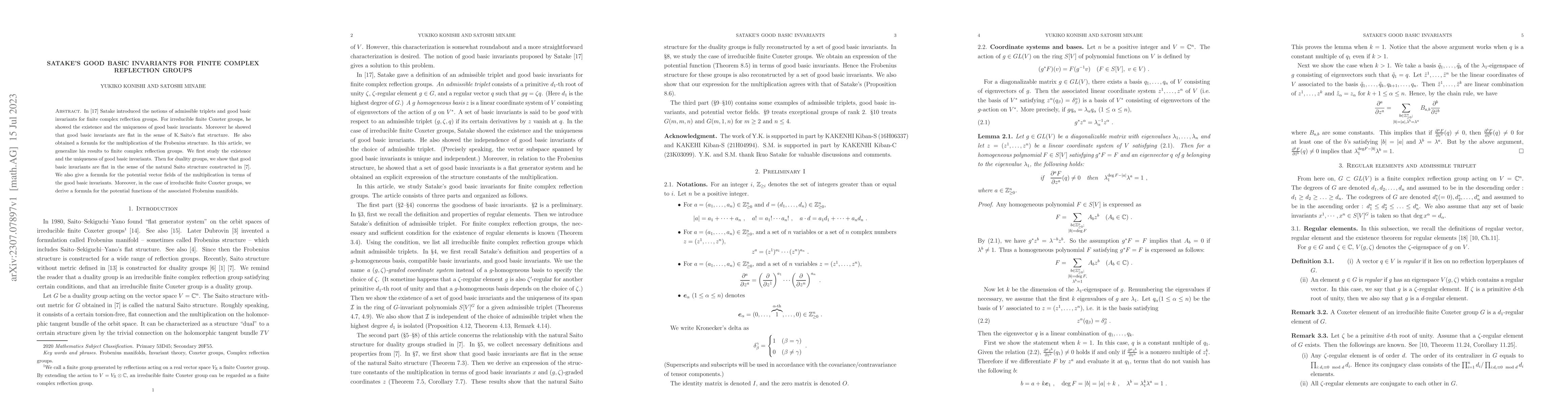 Thumbnail for Satake's good basic invariants for finite complex reflection groups