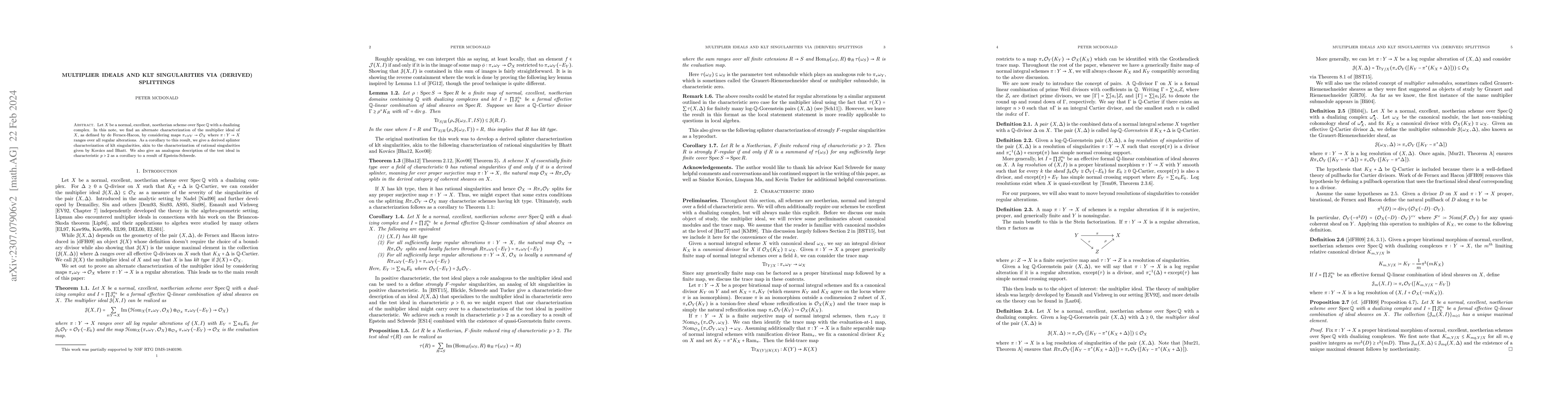 Thumbnail for Multiplier ideals and klt singularities via (derived) splittings
