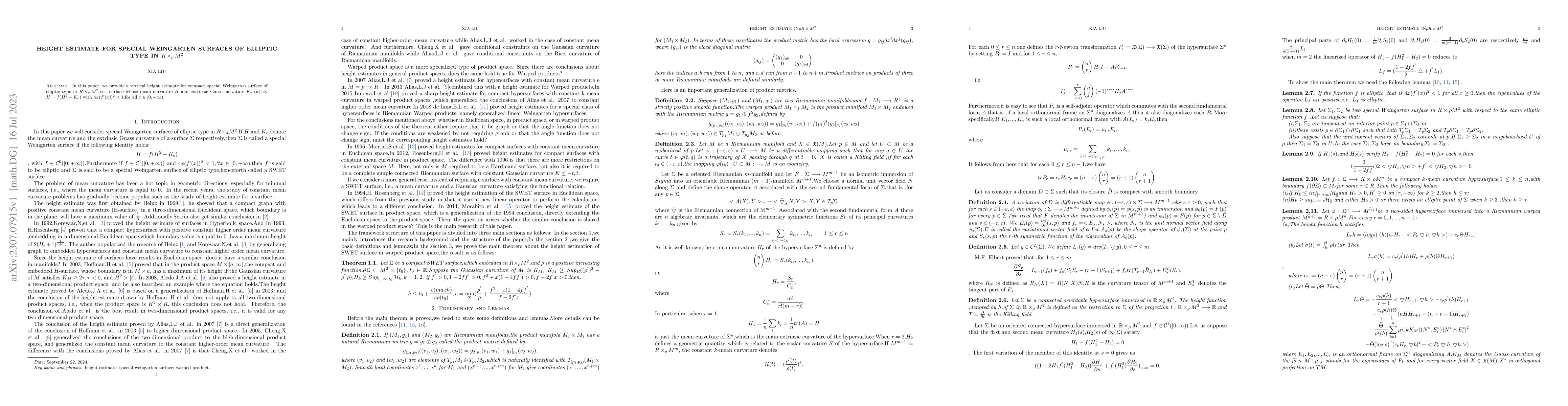 Thumbnail for Height estimate for special weingarten surfaces of elliptic type in
  warped product