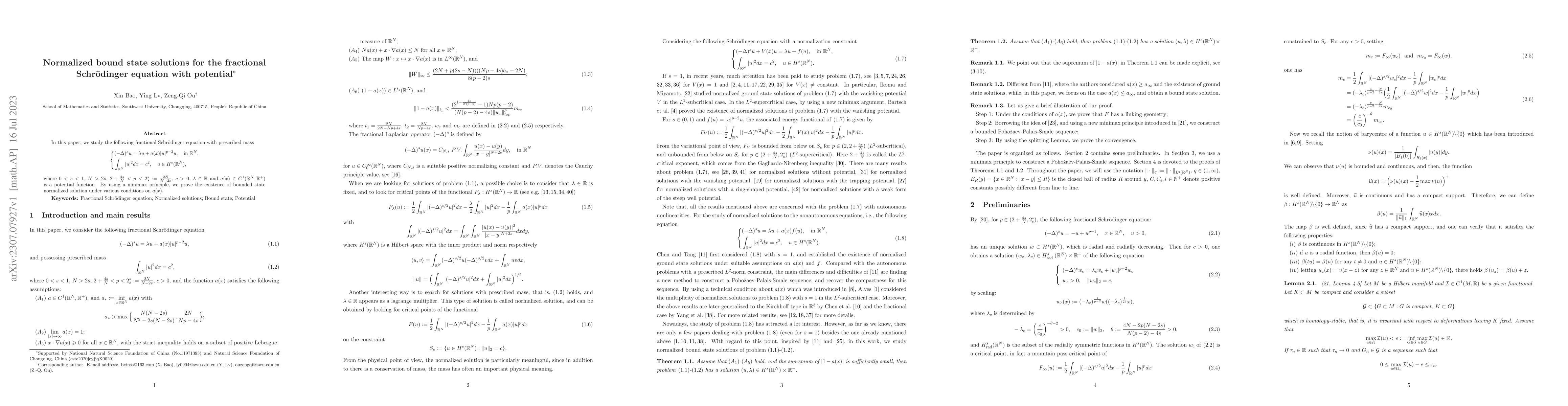 Thumbnail for Normalized bound state solutions for the fractional Schr\"{o}dinger
  equation with potential