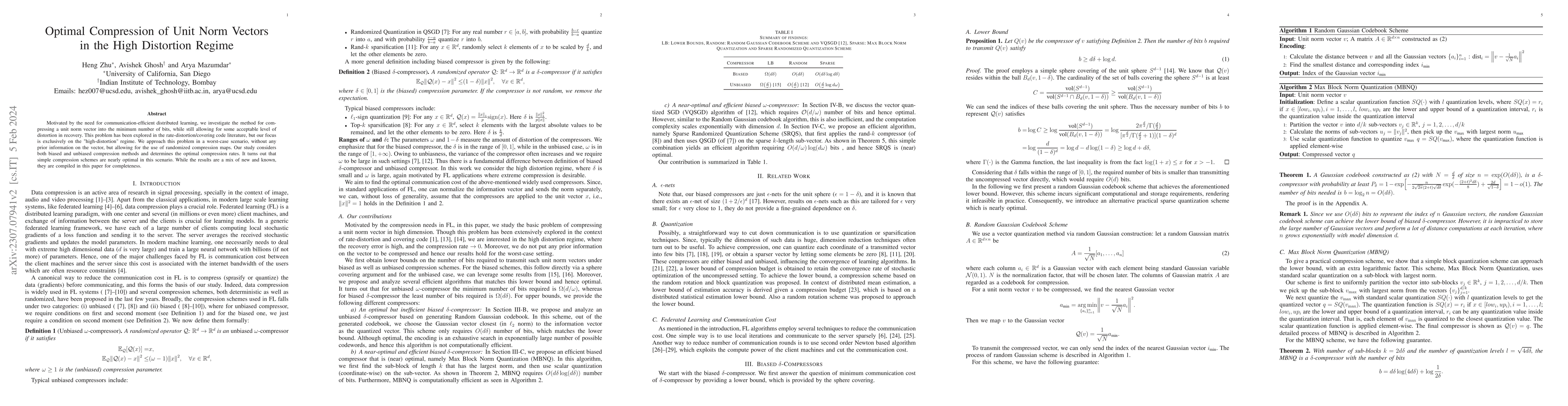 Thumbnail for Optimal Compression of Unit Norm Vectors in the High Distortion Regime
