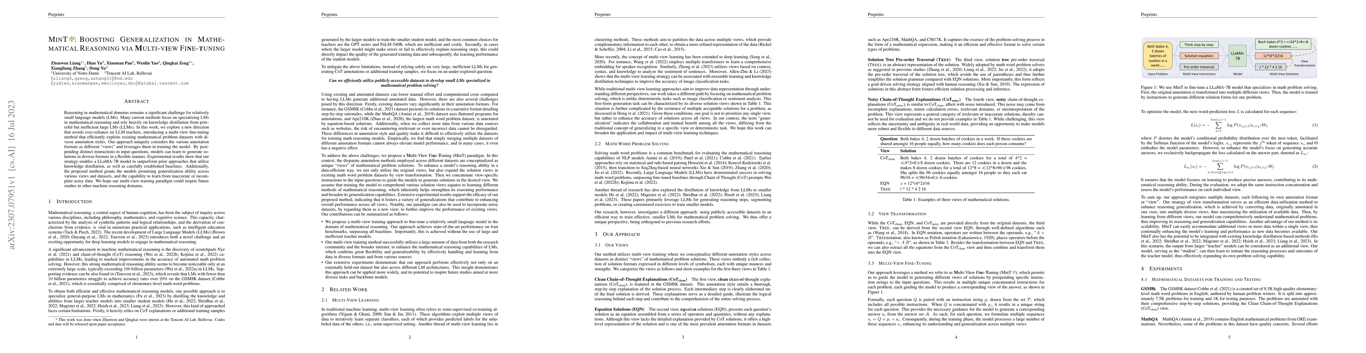 Thumbnail for MinT: Boosting Generalization in Mathematical Reasoning via Multi-View
  Fine-Tuning