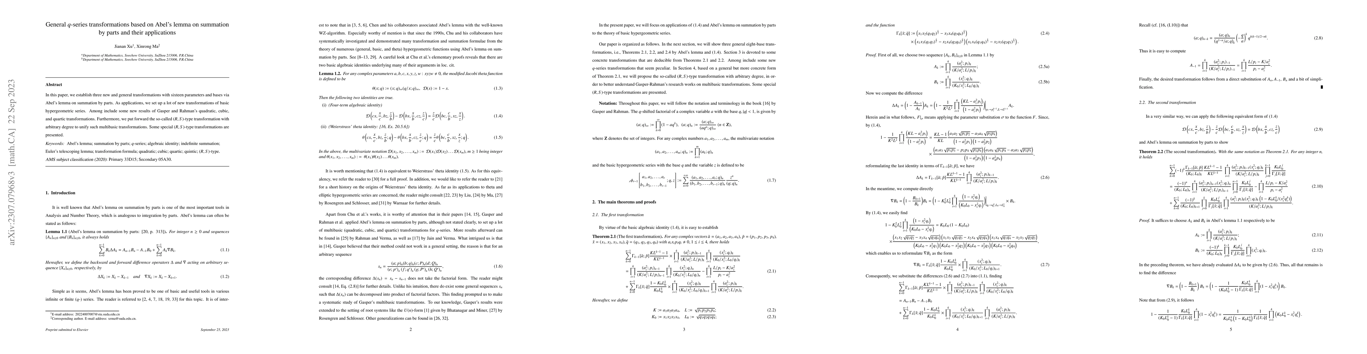 Thumbnail for General $q$-series transformations based on Abel's lemma on summation by
  parts and their applications